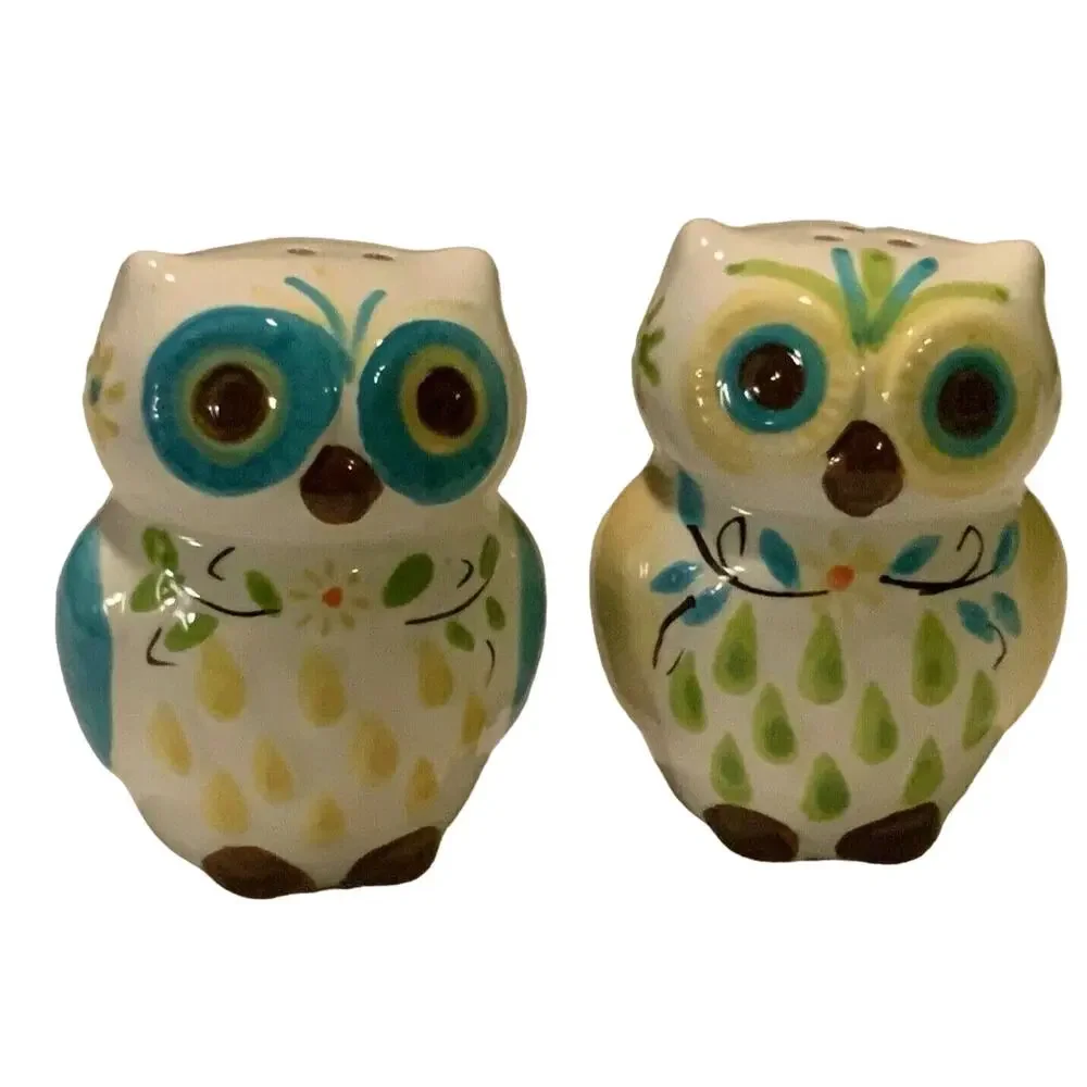 BOSTON WAREHOUSE Floral Owl Ceramic Salt & Pepper Shakers With Stoppers Deco UEC